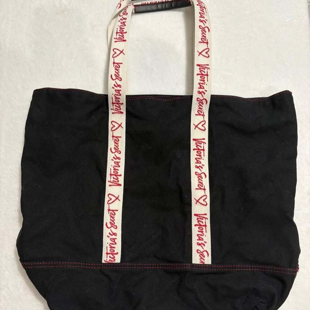 Victoria's Secret Black Canvas Tote Bag with Logo Straps